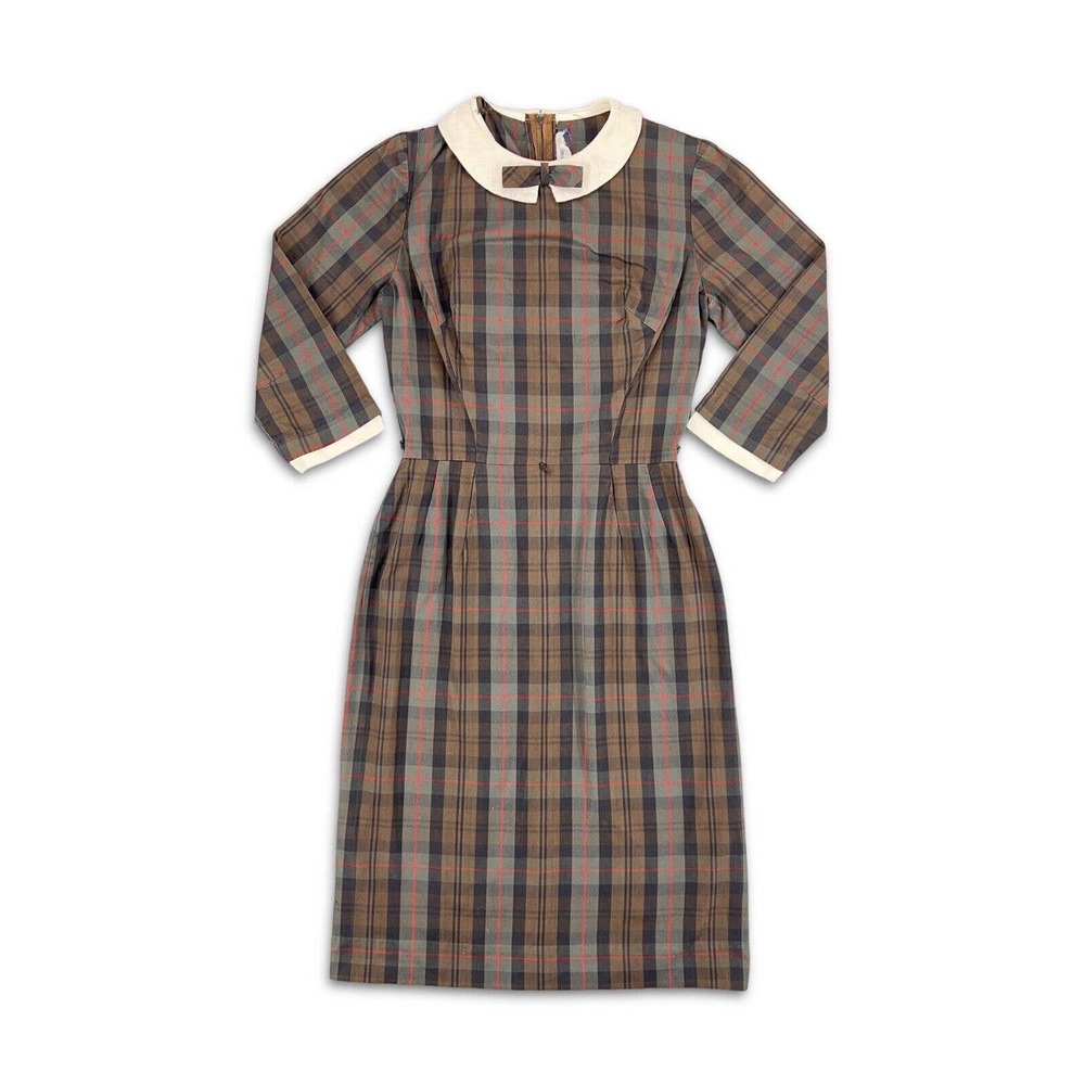 1950S GAY GIBSON DAY DRESS PETER PAN COLLAR PLAID SMALL